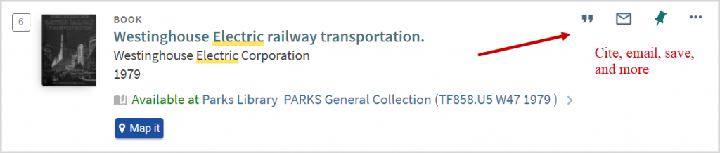 Arrow pointing out Quick search features (bookmark, citation, pin result)