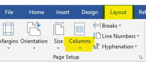 the Layout tab on the ribbon. Columns in the Page Setup group.