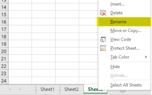 shows the panel after Right clicking on the sheet. then select the "Rename" on the panel.