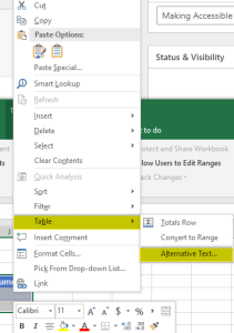 Shows the table section after right clicking on the table. then additional panel shows Alternative text.