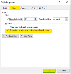 Table properties and row section.