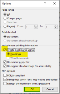 Shows create bookmarks using, then check headings.