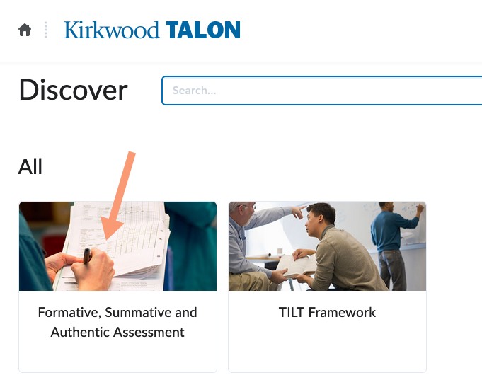 An arrow points to a course on the Discover page