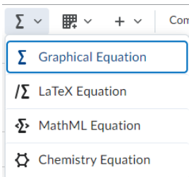 Equation menu on the HTML editor and list of the options.