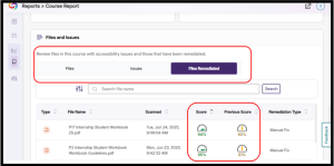Shows which files have already been remediated, along with their accessibility scores before and after the changes.