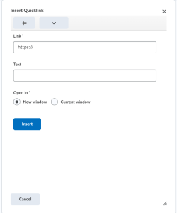 In the "Insert Quicklink" dialog box, fill in the "Link" and "Text" sections.