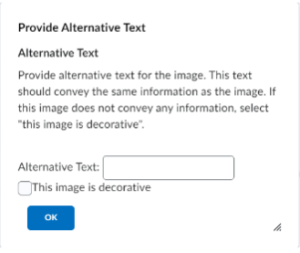 "Provide Alternative Text" dialog box when adding an image, In the Talon Content page.