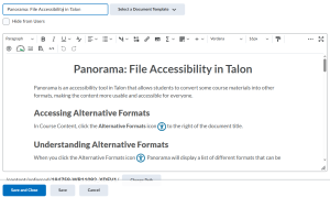 Under “Select a Document Template,” indicate the Panorama file accessibility status in Talon.