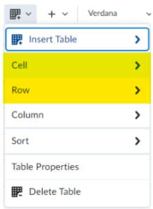 Insert the table, shows cell and row properties.