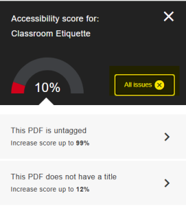 Blackboard Ally accessibility checker issues list for on your document.