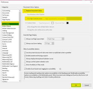 preference dialog box with replace document colors