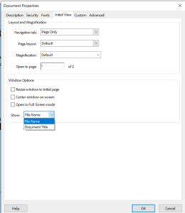 Dropdown menu under the Windows option displays both the file name and document title.