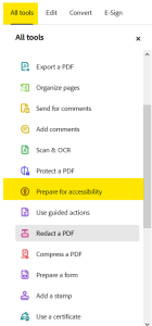 Displays the All Tools list on the left side, with Prepare for Accessibility highlighted.