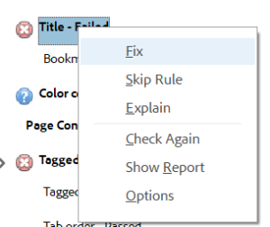 In the Accessibility Checker results, the fix option menu is displayed.