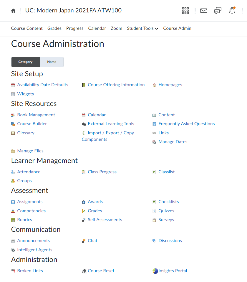 Screen capture of Talon Course Administration page with all the available tools.