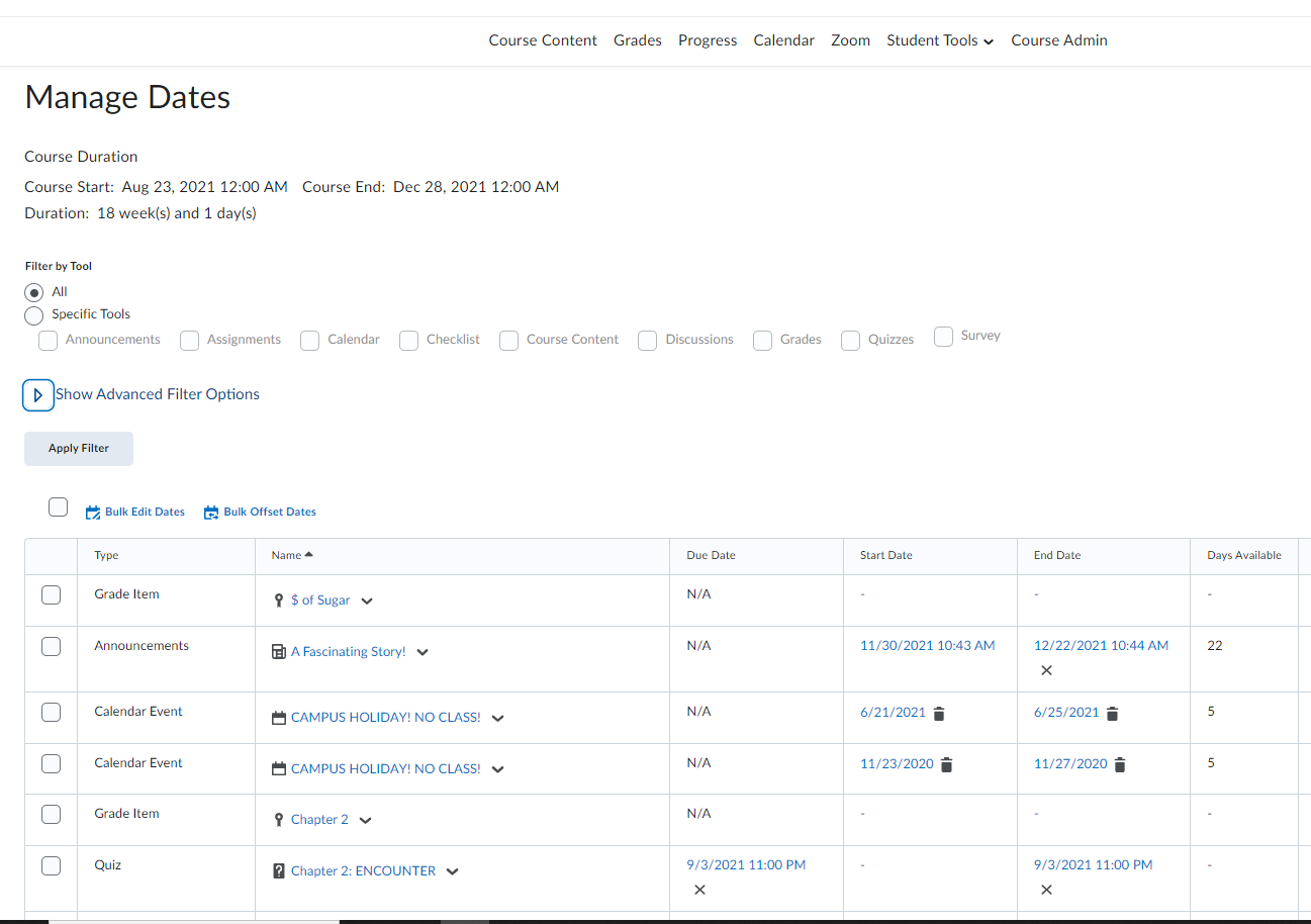 The Manage Dates tool in Talon.