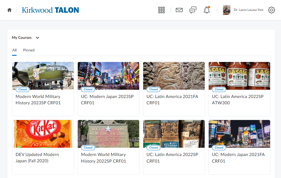 The My Courses Talon page listing all of an instructor's Talon course shells.
