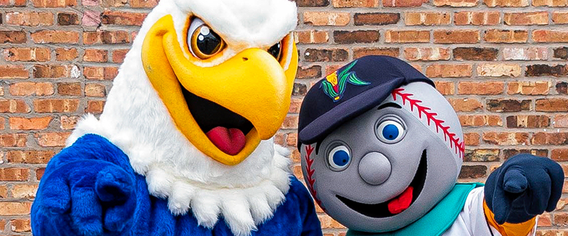 Sammy the Kirkwood eagle mascot and the mascot for the Cedar Rapids Kernels baseball team.