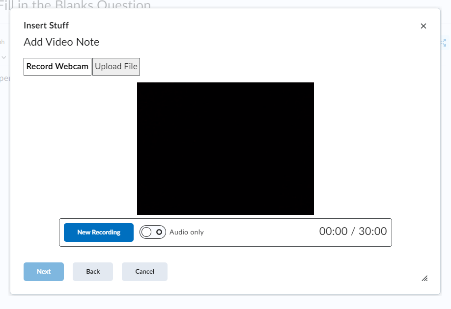 The Insert Stuff option for the Add Video Note option for a Quiz question.