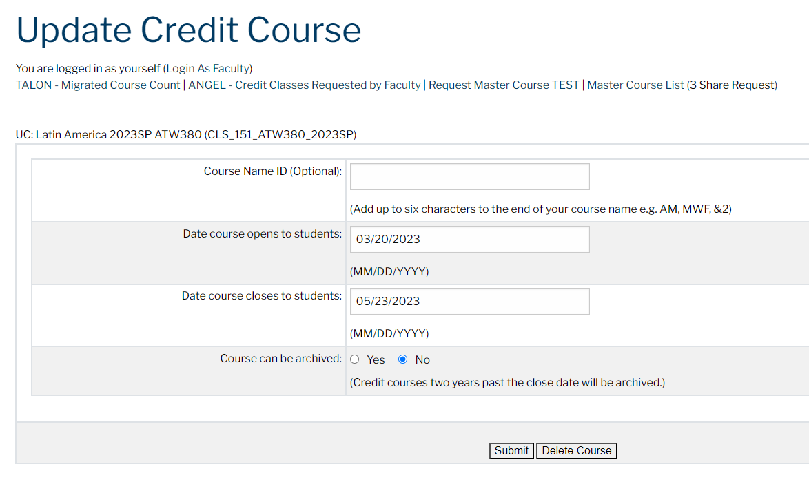 The choices for archiving a Talon course.