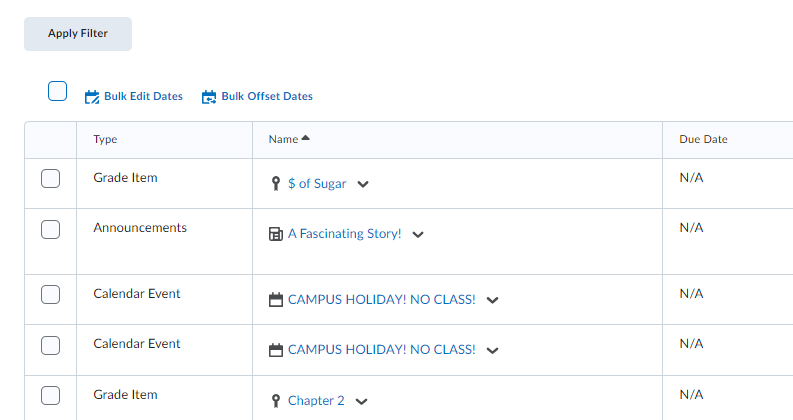 The bulk edit option in Manage Dates tool.