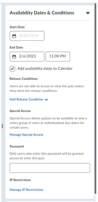 The Quiz Availability Dates and Conditions menu.