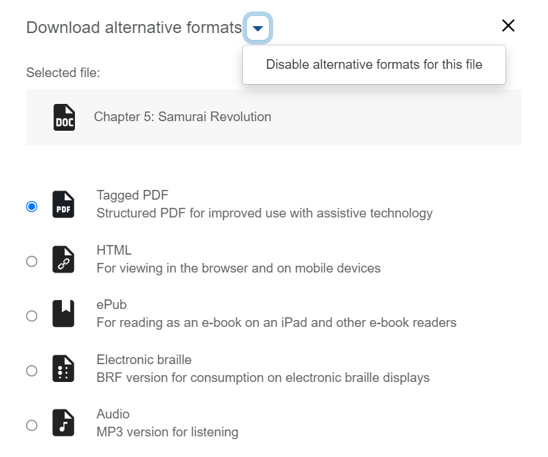 The disabling alternative format downloads option.