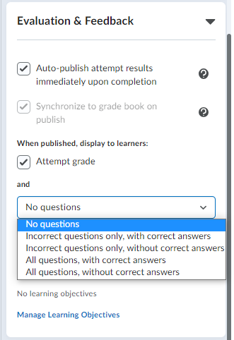 The Quiz Evaluation and Feedback menu.