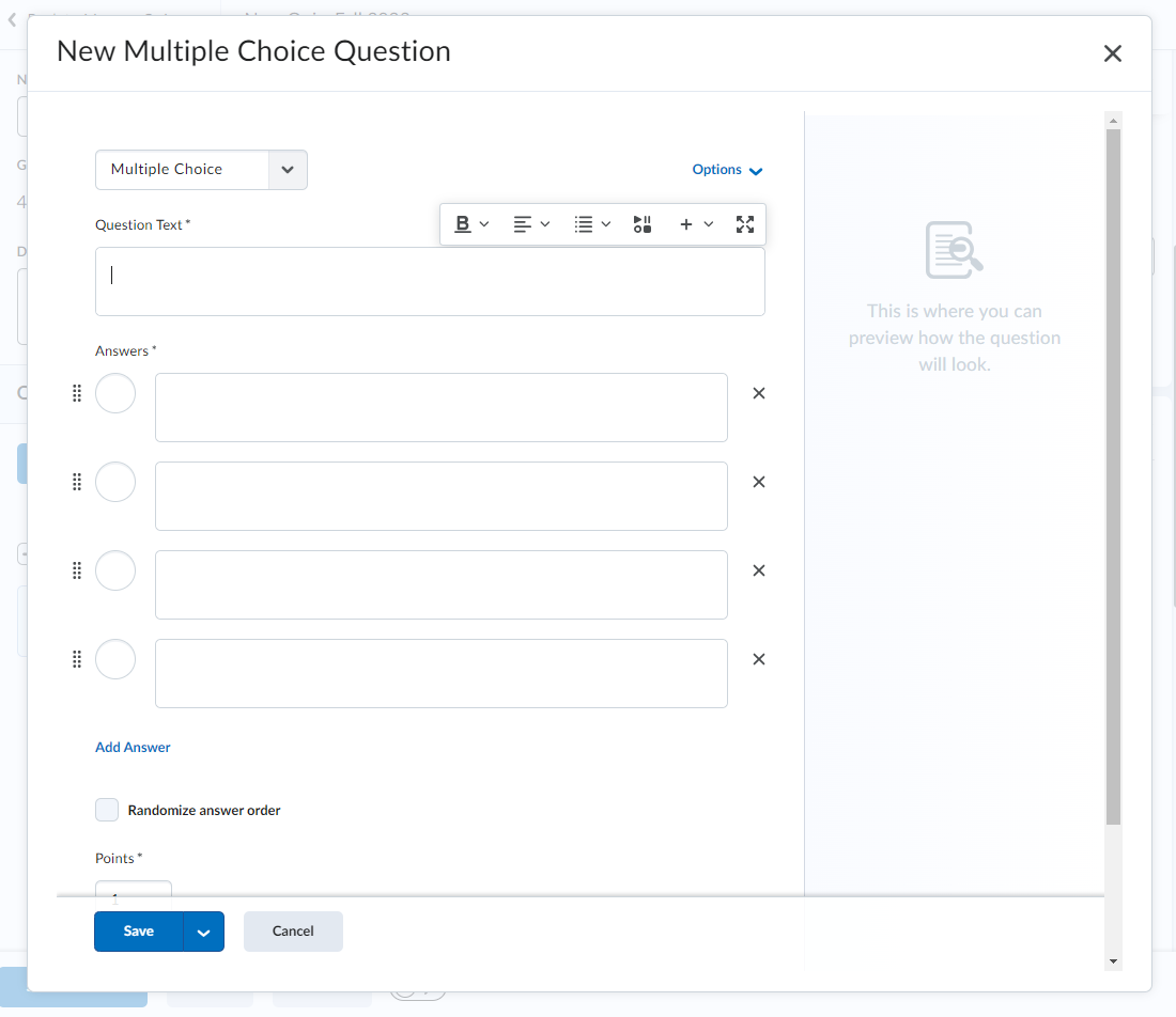 The New Multiple Choice question menu for a Quiz.