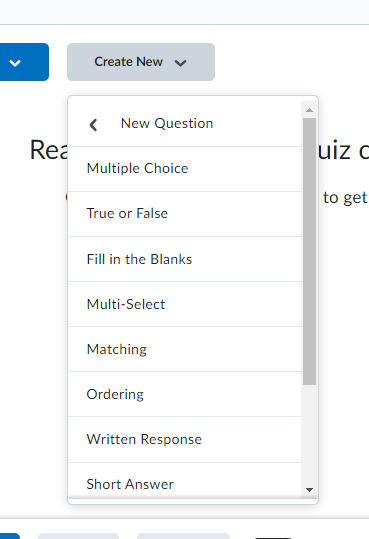 The drop down menu options for new question types.