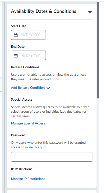 The Availability Dates and Conditions tab in a quiz.