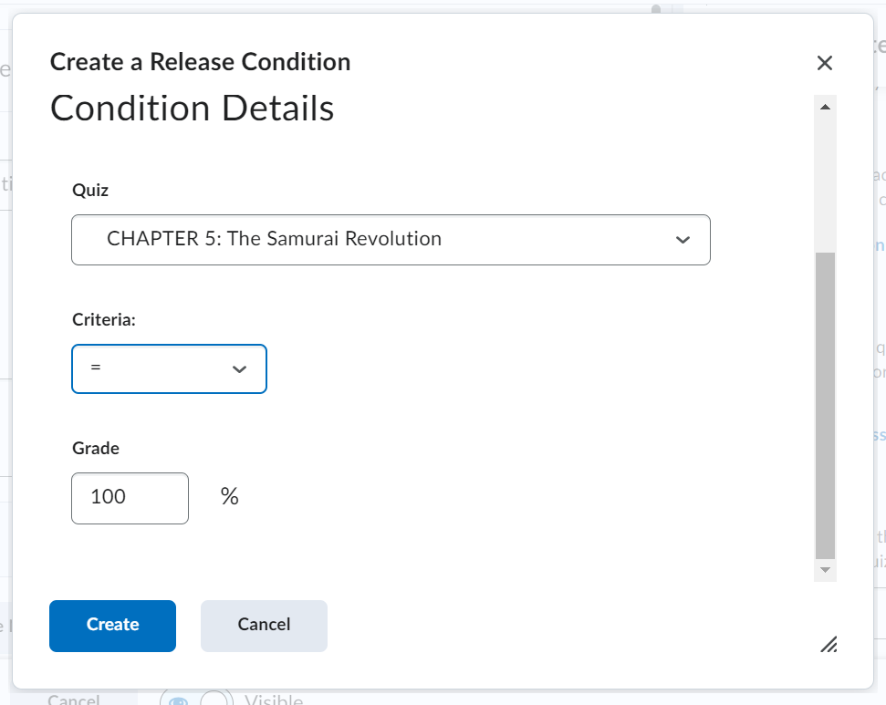 The release criteria being set for a Quiz.