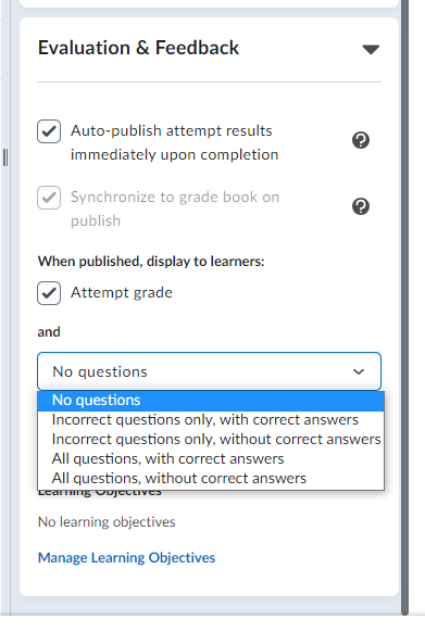 The Evaluation and Feedback tab in a Quiz.