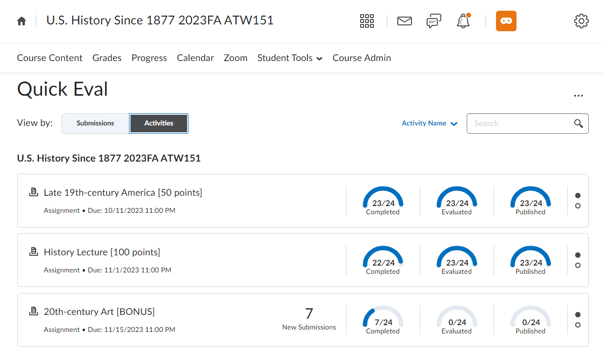 The Quick Eval user page Activities View functionality.