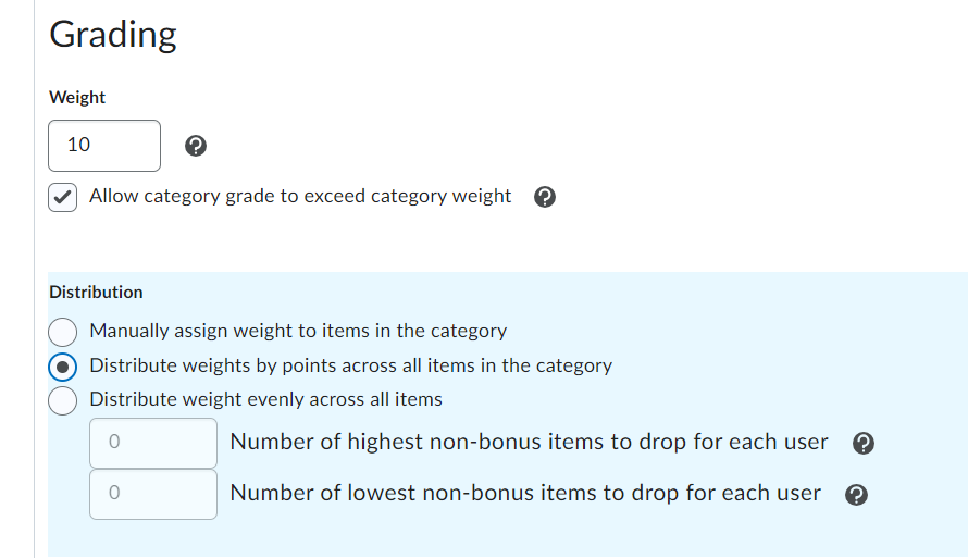 Weighted Grade Book Category settings.