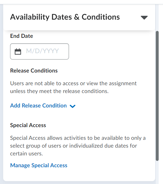 The Availability Dates and Conditions tab in an Assignment.