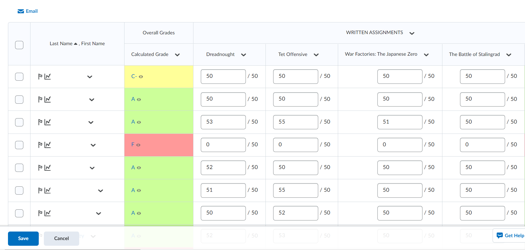 A spreadsheet view in Grade Book.