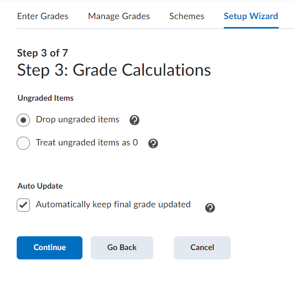 Grading options in Talon Grade Book Setup Wizard.