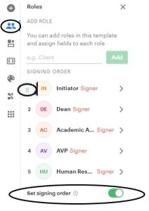 This is where a PandaDoc user can turn on the 'set signing order' function, and then 6 dots are where a user can move roles around based on the order, once the signing order is turned on.