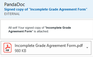 Each recipient on the form will receive the final document via email once the form is completed. The email provides an attachment that all recipients can view, download, and/or save.