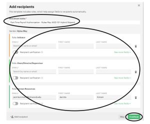 Update the document name to reflect which faculy and course you are submitting the stipend for. Then, input the correct recipient information. Click Continue.