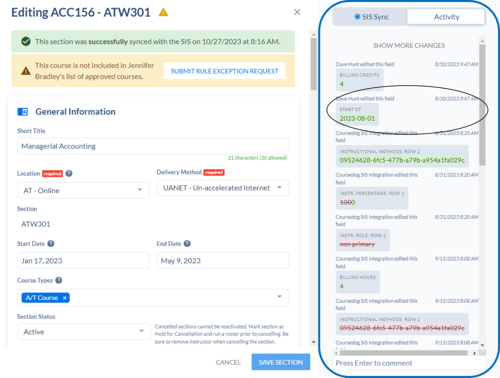 Section Changes and Activity are logged on the right of the Section Template.