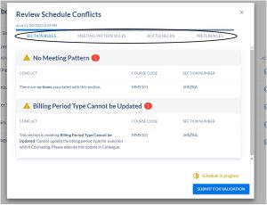 Navigate through each tab to confirm section conflicts are addressed prior to submitting for validation.