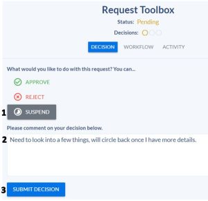 The supervisor clicks Suspend, comments on the decision, and selects Submit Decision.