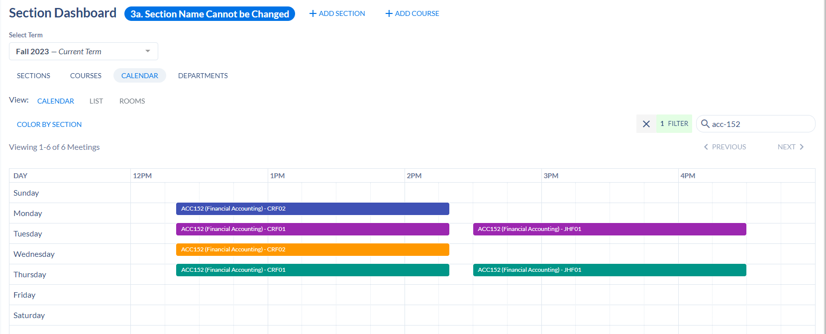 Section Dashboard Calendar view.