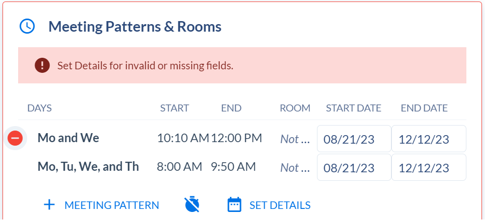 Deleting a meeting pattern from the Meeting Patterns and Rooms area.