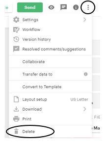 To delete the document, select the three vertical dots/ellipses and then select "Delete."