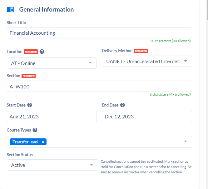 General Information area of the Section Template.