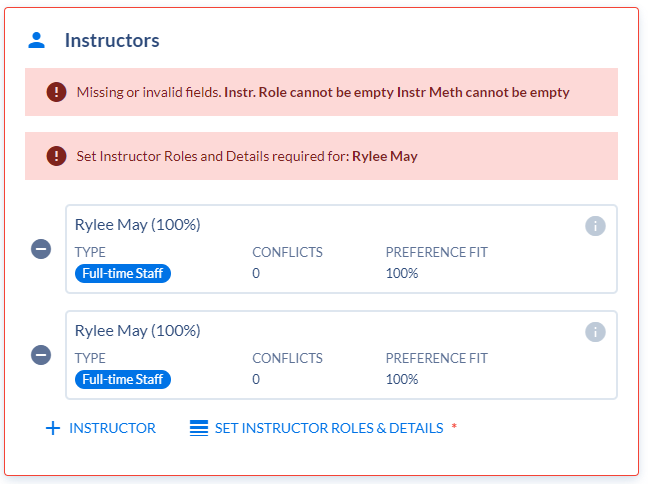 Instructor card on Sectino Template showing invalid fields.