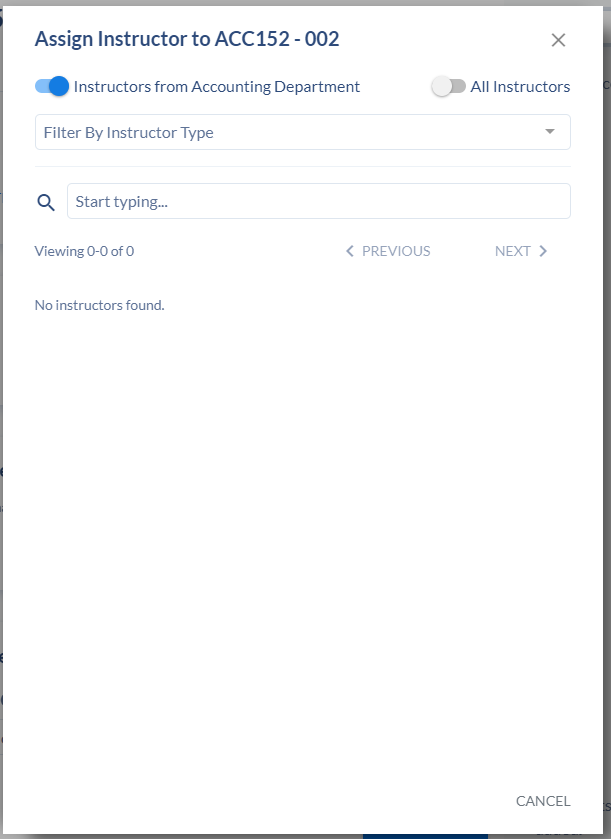 Assign Instructor dialogue box on the Instructor Card.